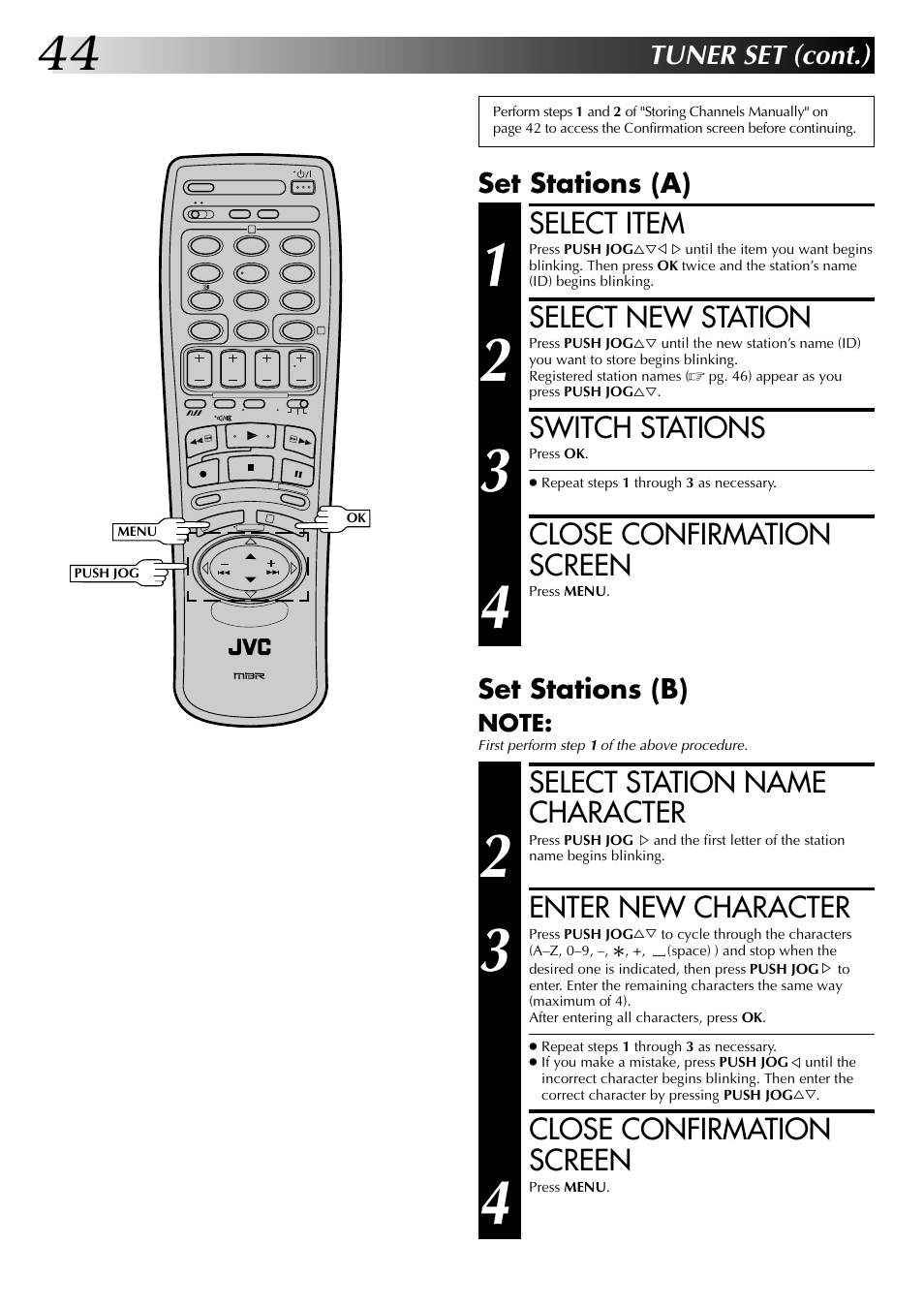 Select item, Select new station, Switch stations | Close confirmation screen, Select station name character, Enter new character, Tuner set (cont.), Set stations (a), Set stations (b) | JVC HR-DD845EK User Manual | Page 44 / 60