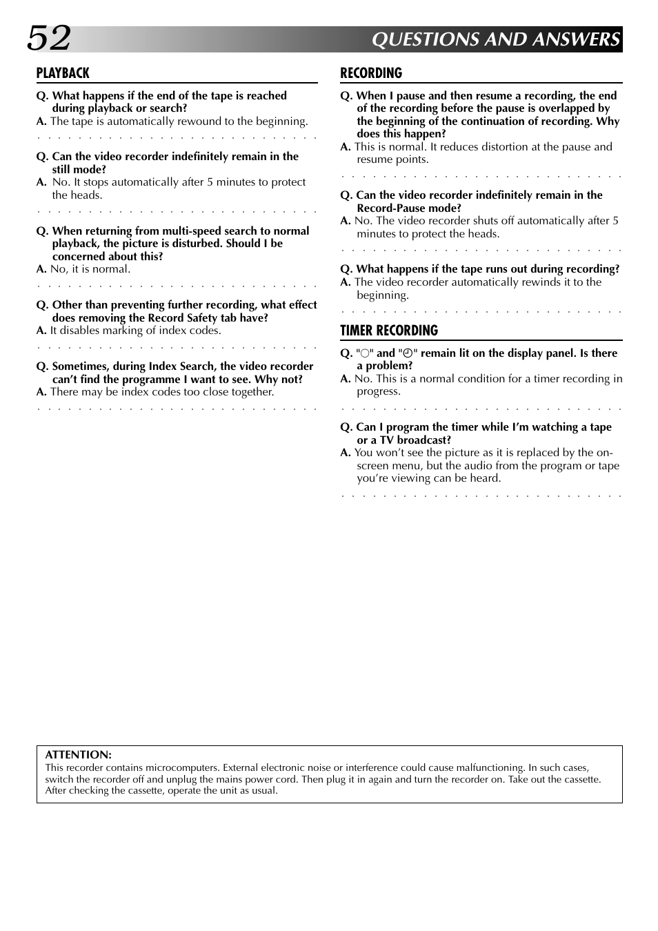 Questions and answers, Playback, Recording | Timer recording | JVC HR-DD845EK User Manual | Page 52 / 60