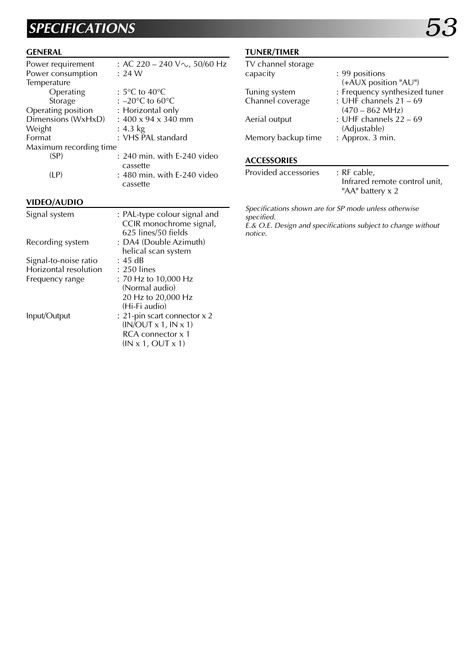 Specifications | JVC HR-DD845EK User Manual | Page 53 / 60