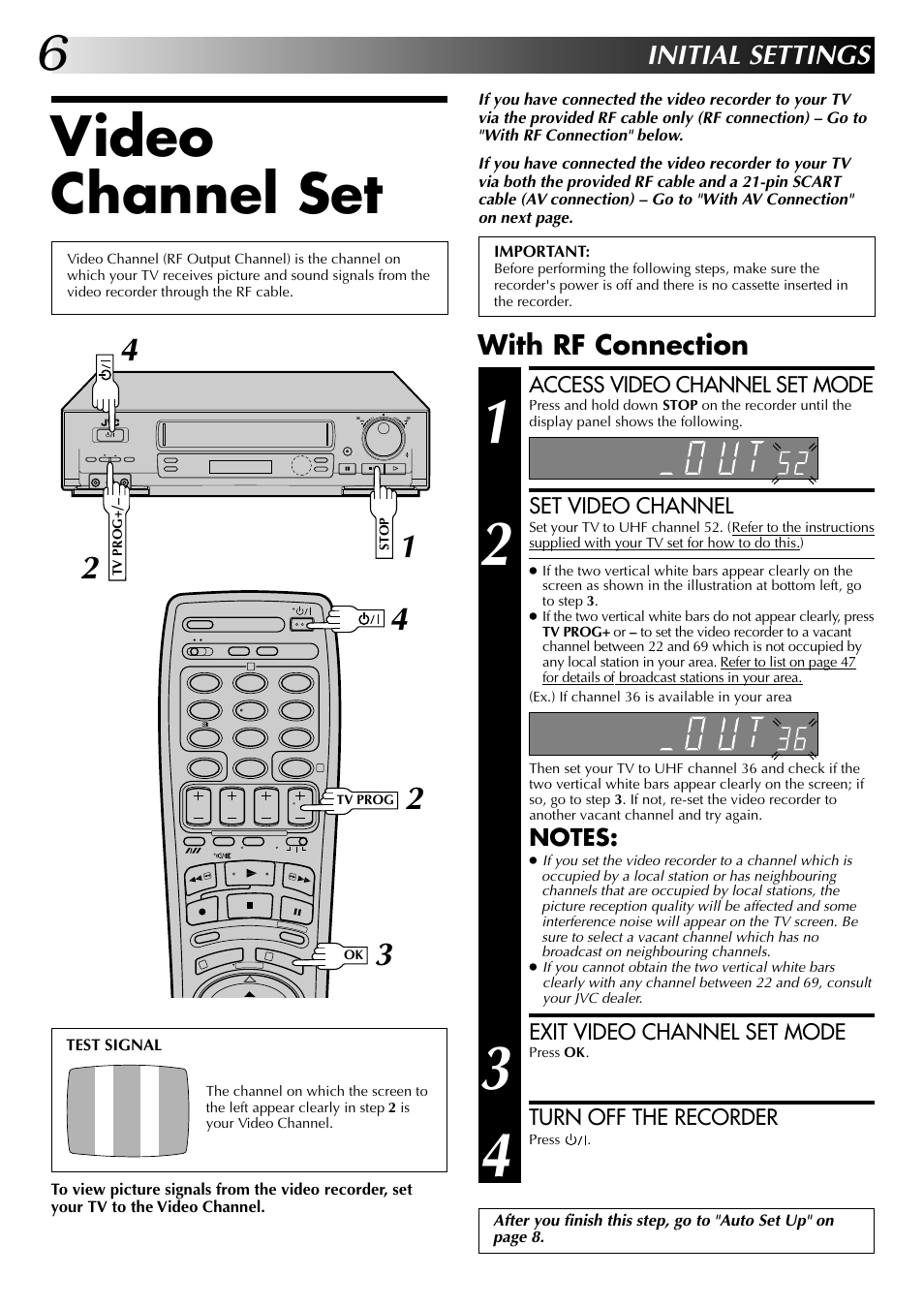 Video channel set, Initial settings, With rf connection | JVC HR-DD845EK User Manual | Page 6 / 60