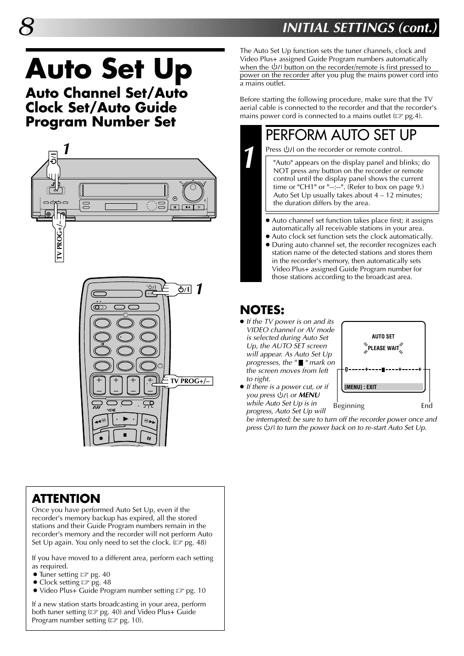Auto set up, Perform auto set up, Initial settings (cont.) | Attention | JVC HR-DD845EK User Manual | Page 8 / 60