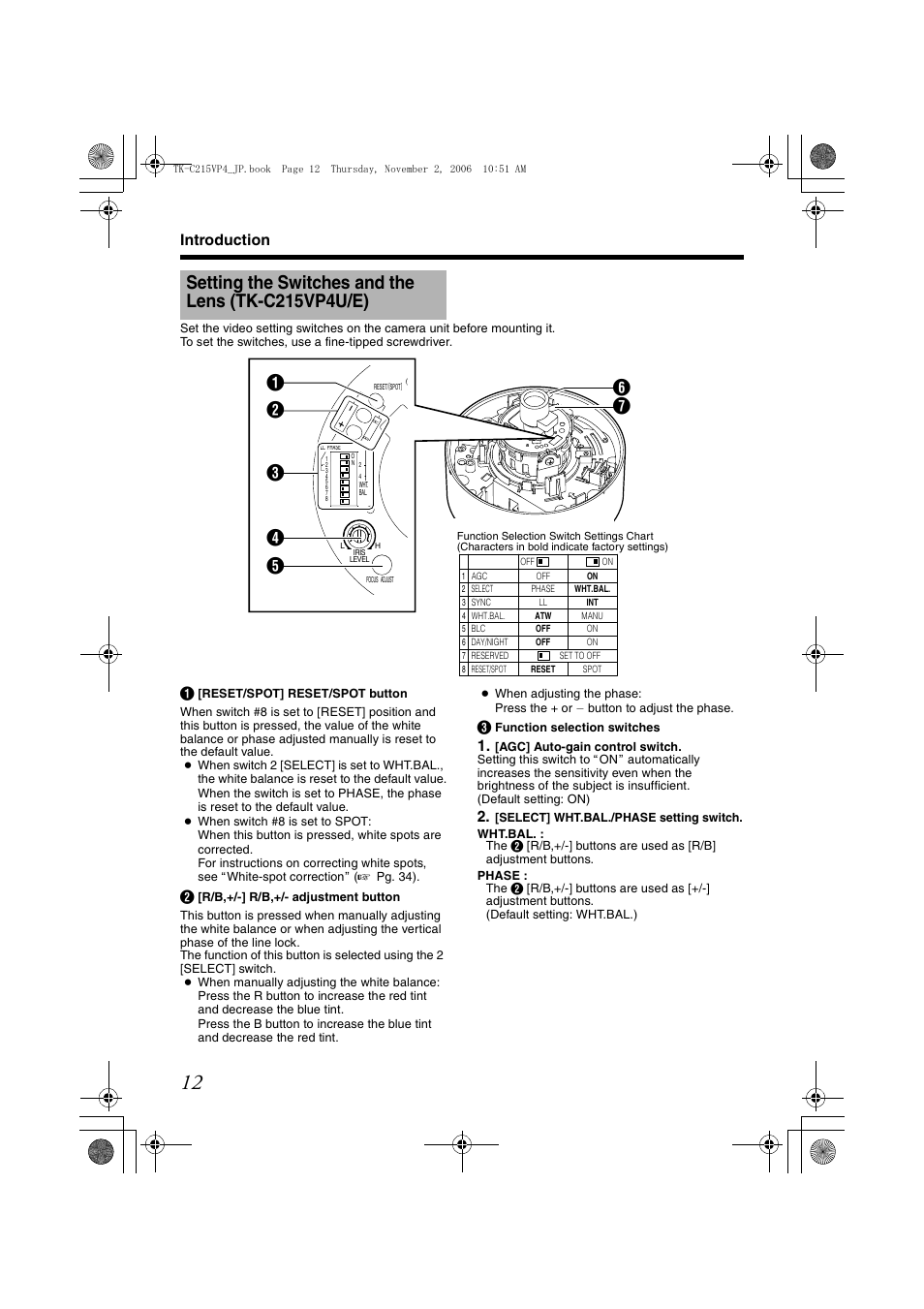 Setting the switches and the lens (tk-c215vp4u/e), Setting the switches and the lens, Tk-c215vp4u/e) | Cd e a b, Introduction | JVC TK-C215VP4U/E User Manual | Page 12 / 40