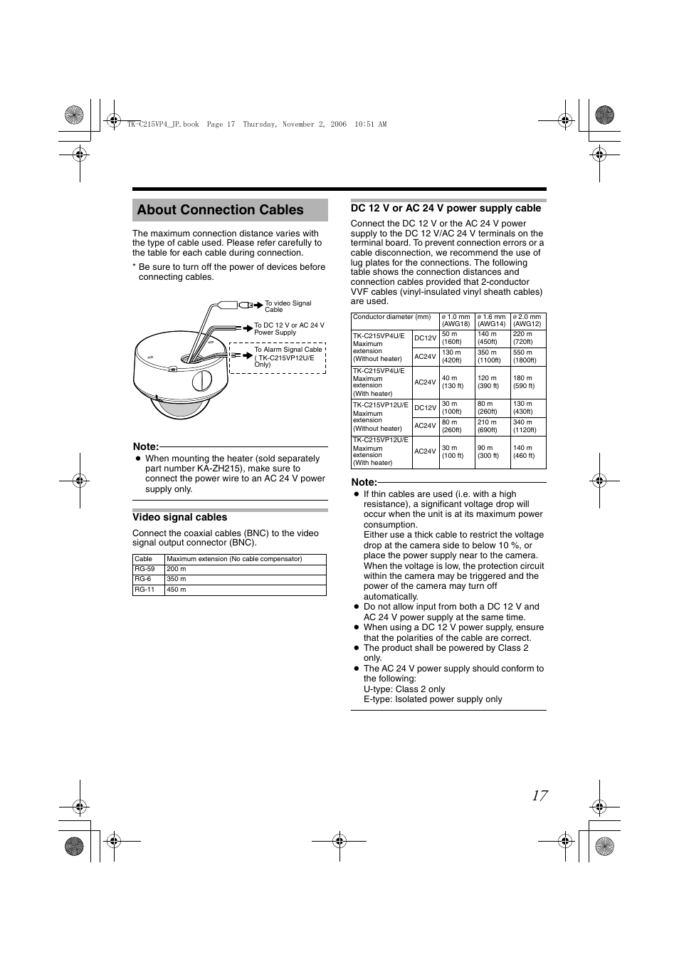About connection cables, Video signal cables, Dc 12 v or ac 24 v power supply cable | Video signal cables dc 12 v or ac 24 v, Power supply cable, A pg. 17) | JVC TK-C215VP4U/E User Manual | Page 17 / 40