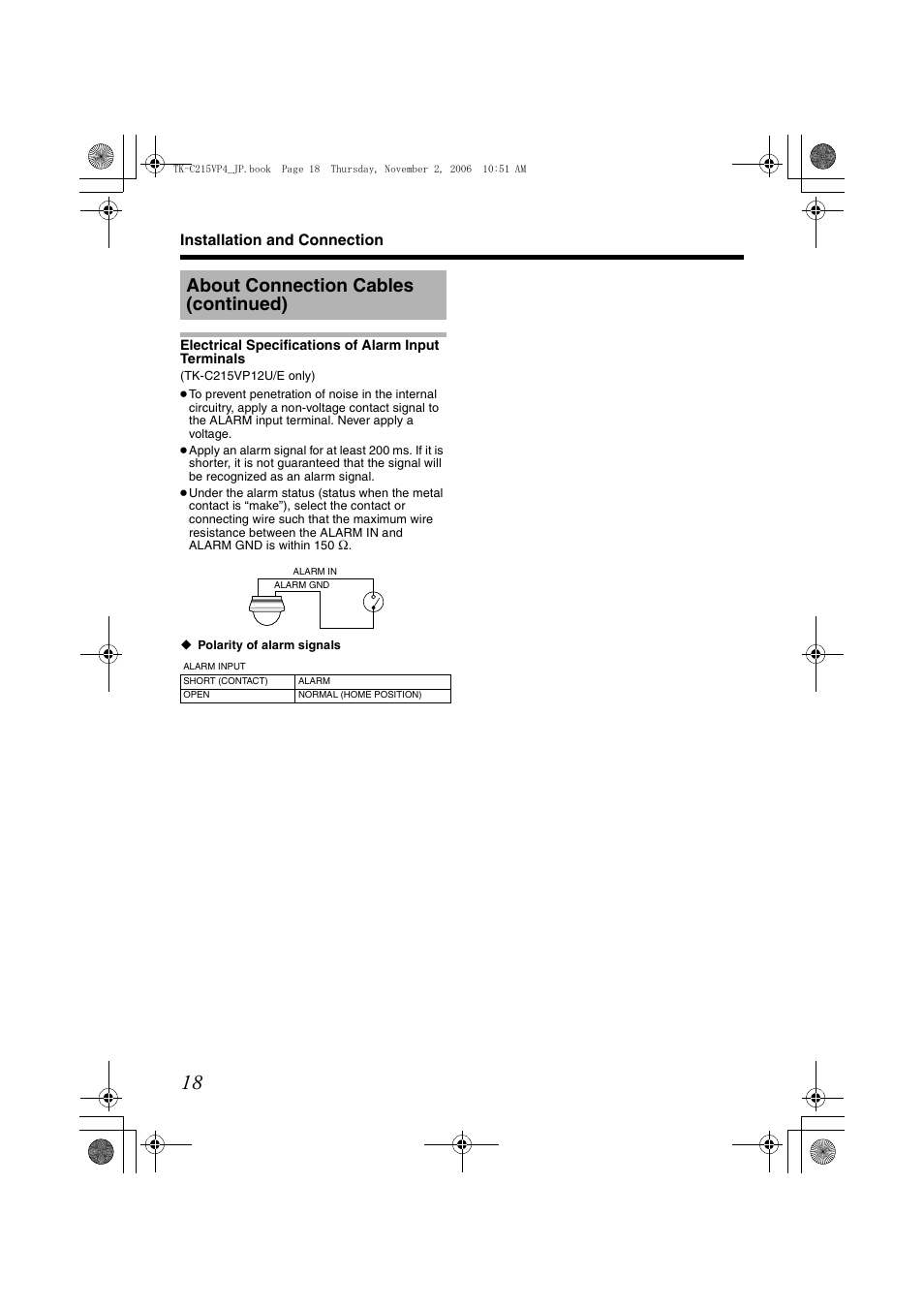 Electrical specifications of alarm input terminals, Electrical specifications of, Alarm input terminals | A pg. 18), A pg. 18, Aelectrical specifications of alarm, Input terminals, About connection cables (continued) | JVC TK-C215VP4U/E User Manual | Page 18 / 40