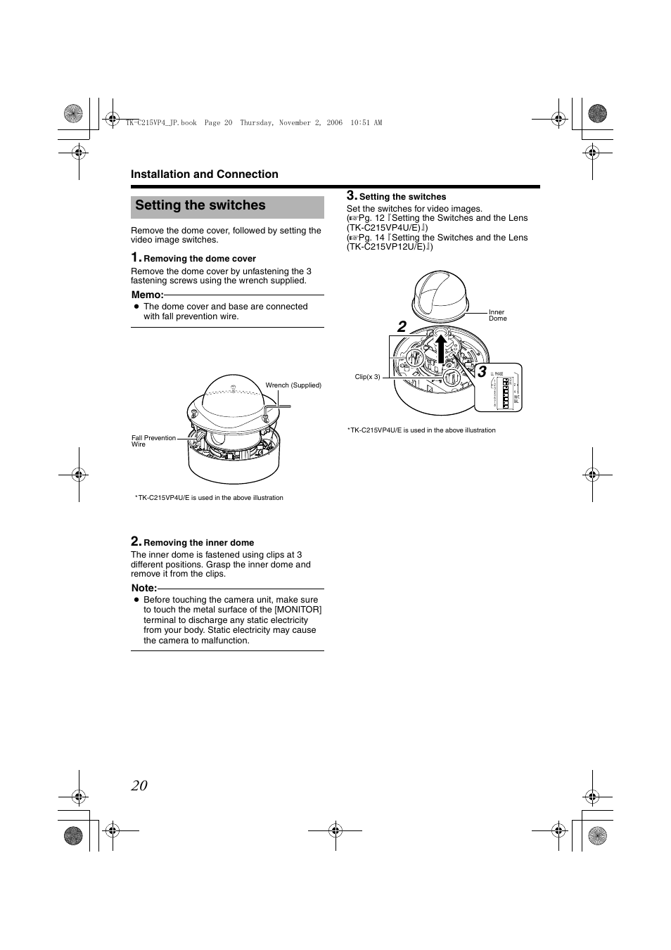 Setting the switches, A pg. 20), Installation and connection | JVC TK-C215VP4U/E User Manual | Page 20 / 40