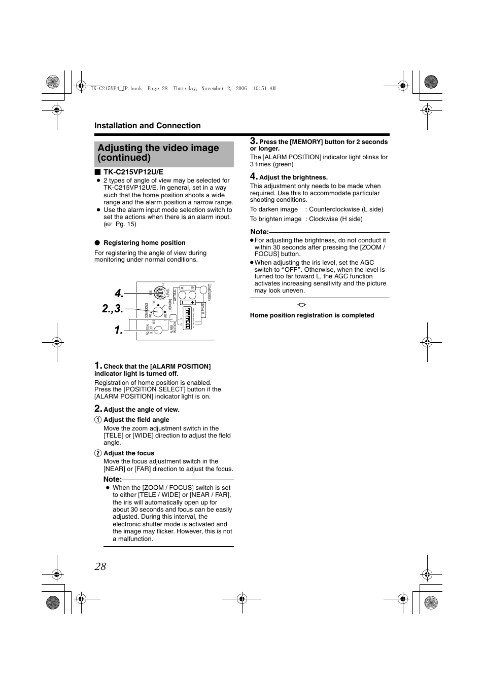 Adjusting the video image (continued), Installation and connection | JVC TK-C215VP4U/E User Manual | Page 28 / 40
