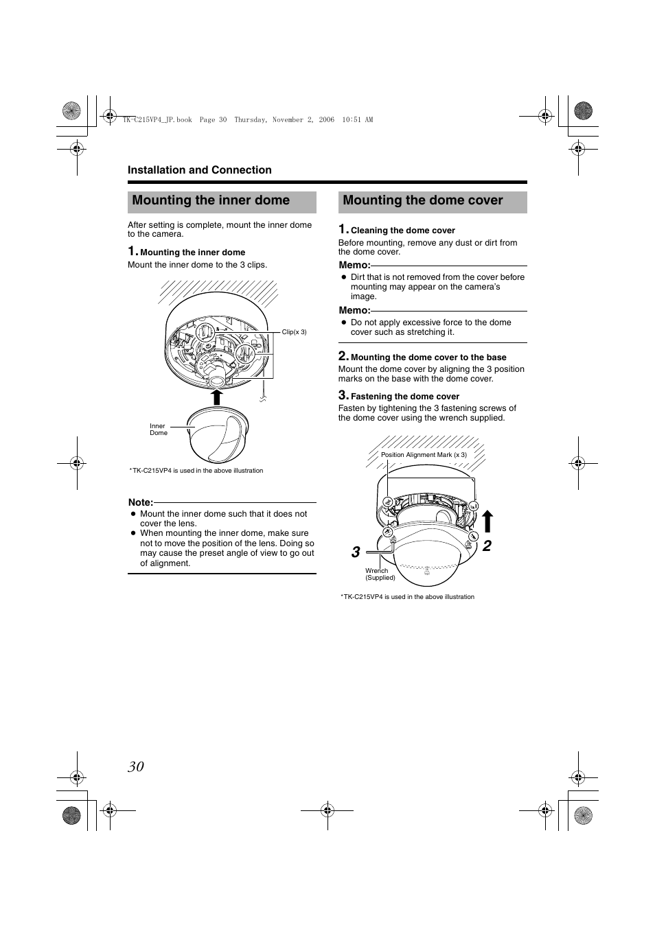 Mounting the inner dome, Mounting the dome cover, A pg. 30) | JVC TK-C215VP4U/E User Manual | Page 30 / 40