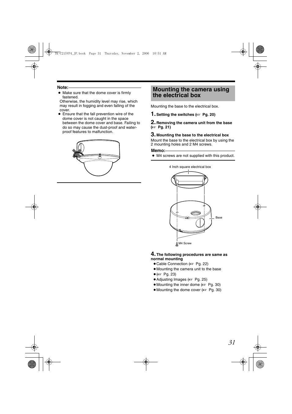 Mounting the camera using the electrical box, Mounting the camera using, The electrical box | A pg. 31) | JVC TK-C215VP4U/E User Manual | Page 31 / 40