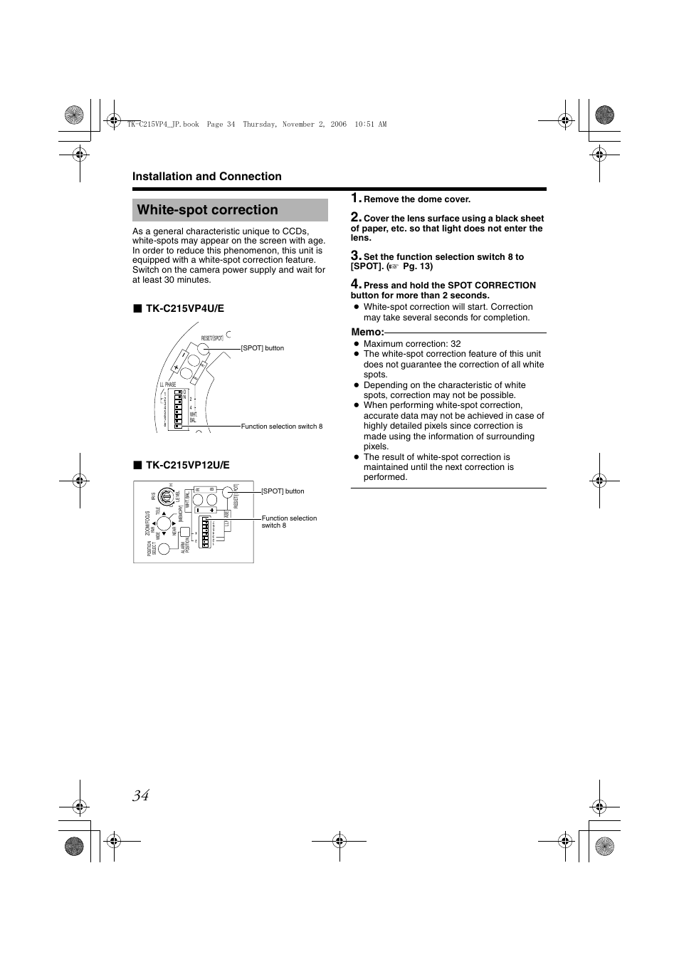 White-spot correction, A pg. 34), Installation and connection | Tk-c215vp4u/e | JVC TK-C215VP4U/E User Manual | Page 34 / 40
