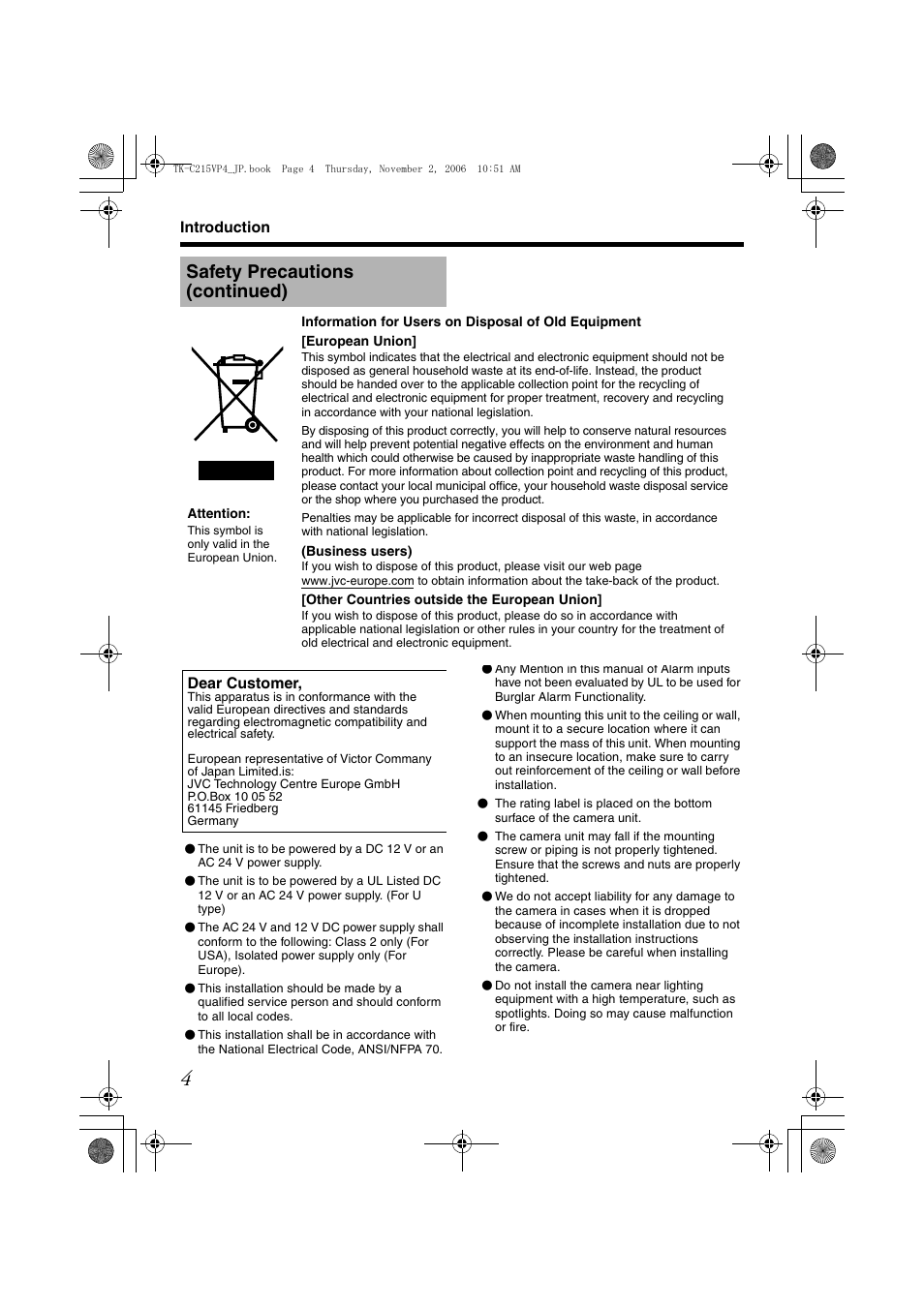 Safety precautions (continued) | JVC TK-C215VP4U/E User Manual | Page 4 / 40