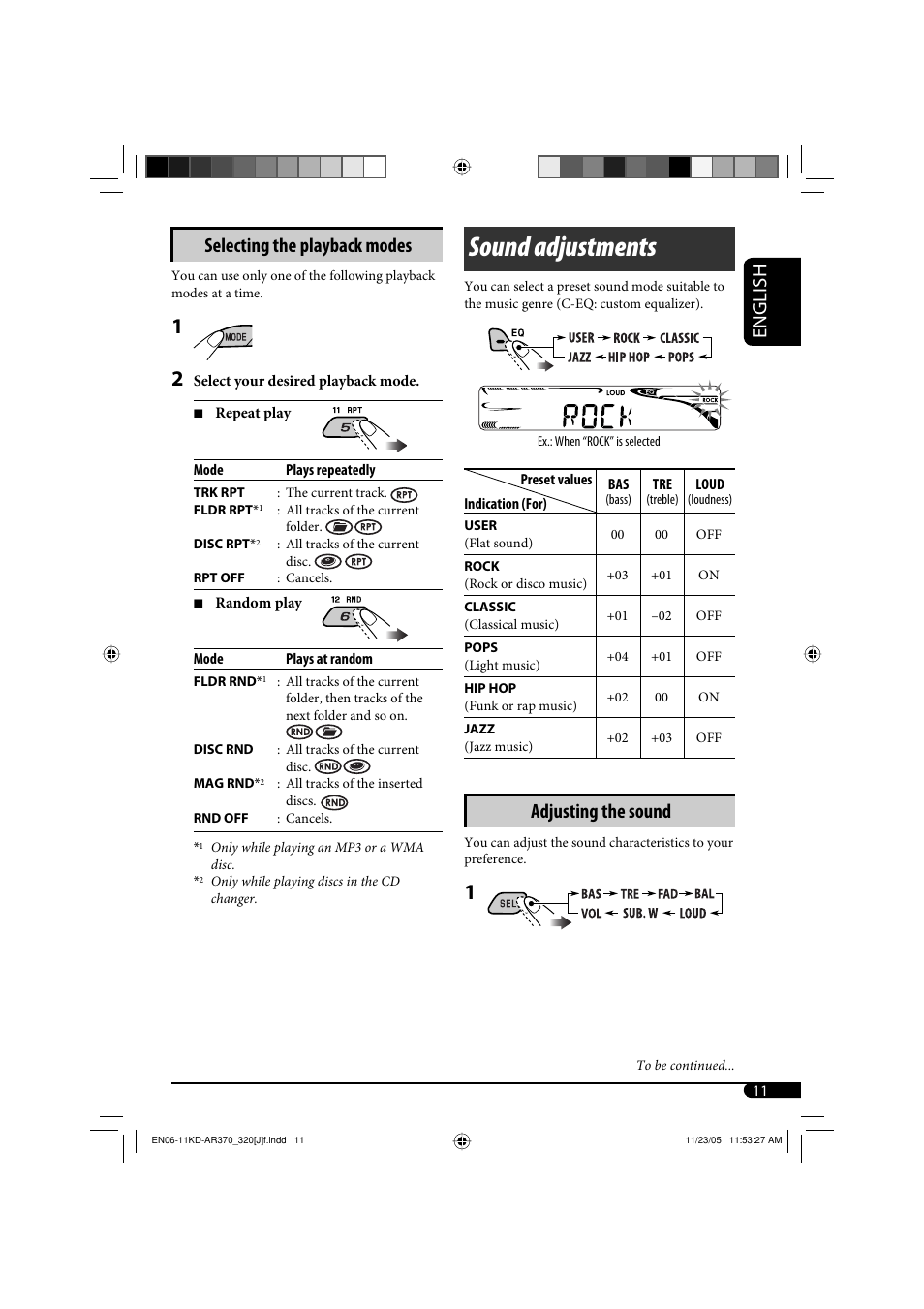 Sound adjustments, English selecting the playback modes, Adjusting the sound | JVC KD-AR370 User Manual | Page 11 / 80