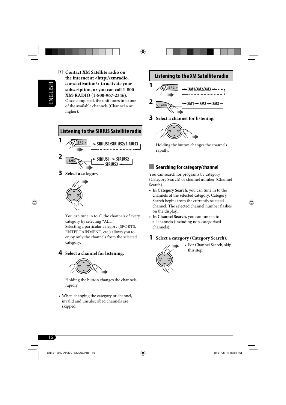 English listening to the xm satellite radio, Listening to the sirius satellite radio | JVC KD-AR370 User Manual | Page 16 / 80