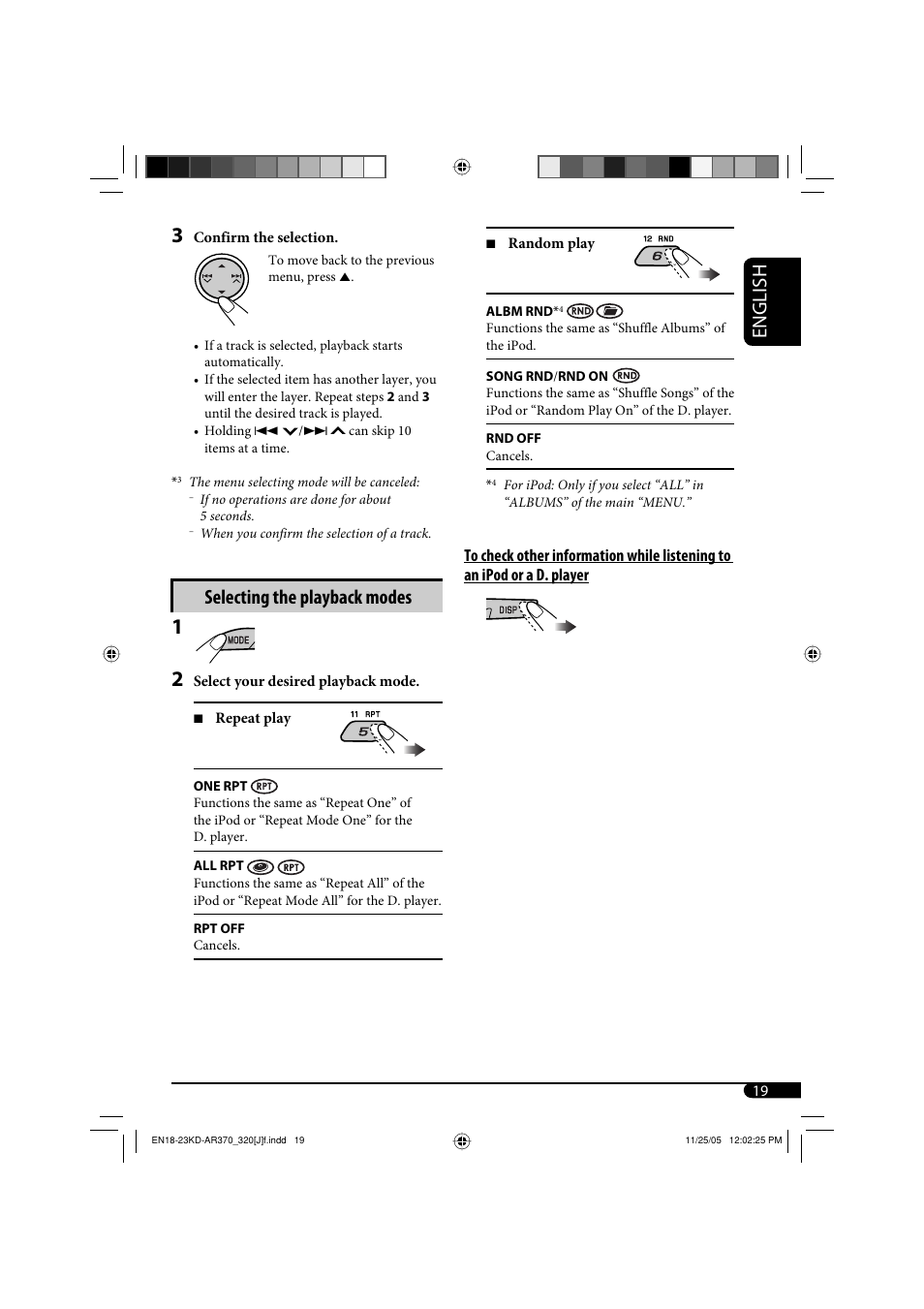 English, Selecting the playback modes | JVC KD-AR370 User Manual | Page 19 / 80