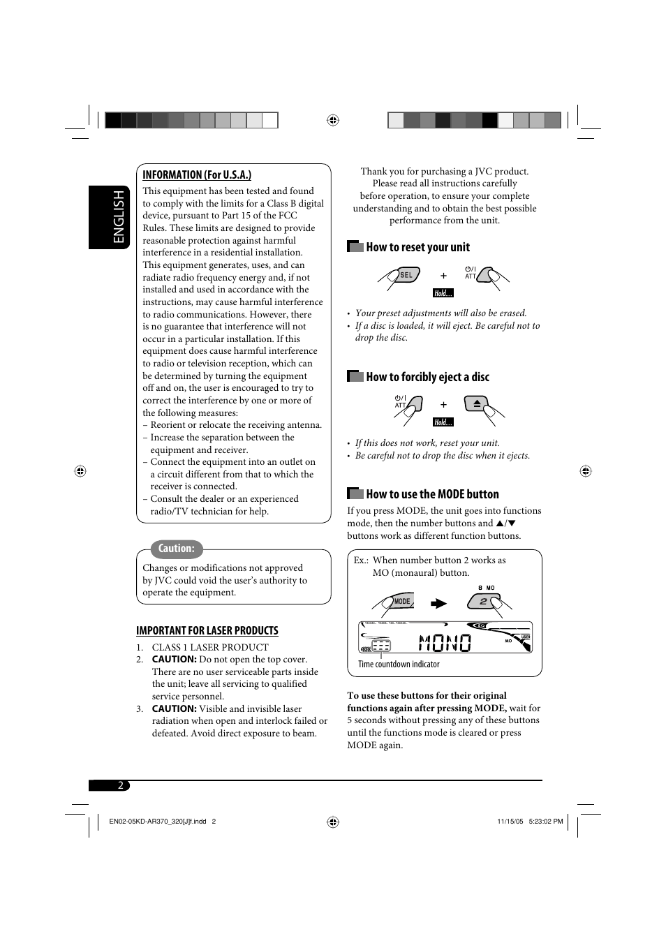 English, How to reset your unit, How to forcibly eject a disc | How to use the mode button | JVC KD-AR370 User Manual | Page 2 / 80