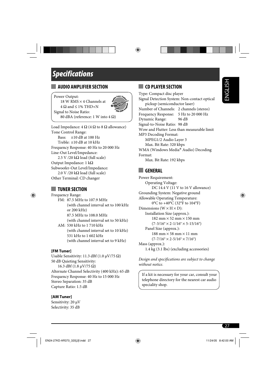 Specifications, English, General | JVC KD-AR370 User Manual | Page 27 / 80