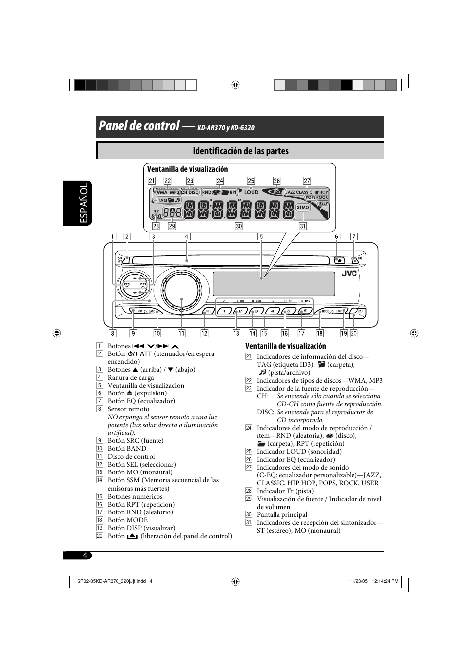 Panel de control, Español, Identificación de las partes | JVC KD-AR370 User Manual | Page 30 / 80