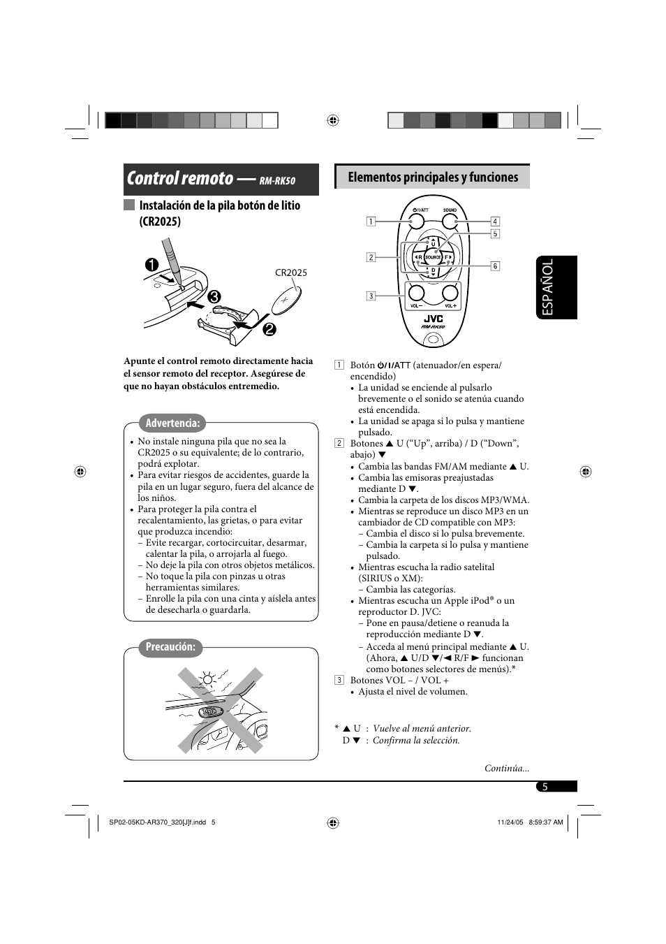 Control remoto, Español, Elementos principales y funciones | Instalación de la pila botón de litio (cr2025) | JVC KD-AR370 User Manual | Page 31 / 80