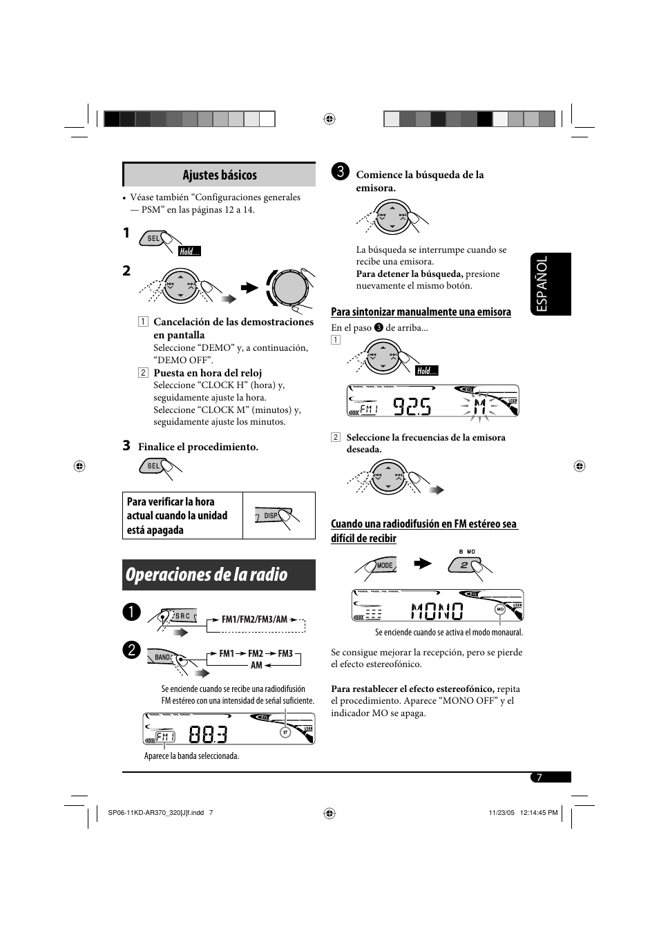 Operaciones de la radio, Español ajustes básicos | JVC KD-AR370 User Manual | Page 33 / 80