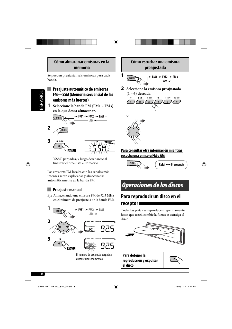 Operaciones de los discos, Para reproducir un disco en el receptor | JVC KD-AR370 User Manual | Page 34 / 80