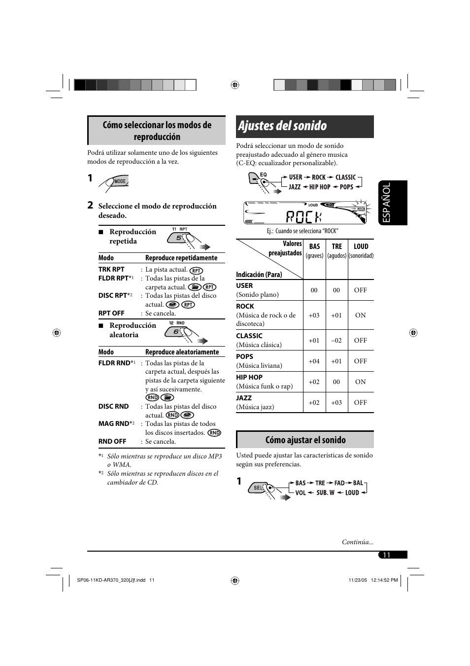 Ajustes del sonido, Español cómo seleccionar los modos de reproducción, Cómo ajustar el sonido | JVC KD-AR370 User Manual | Page 37 / 80