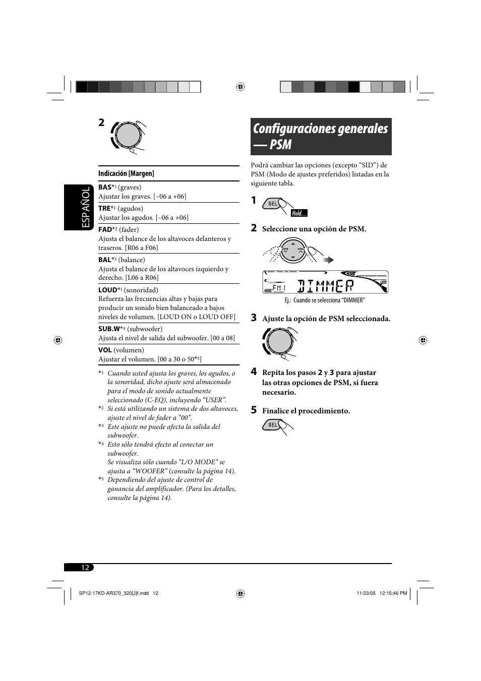 Configuraciones generales — psm, Español | JVC KD-AR370 User Manual | Page 38 / 80