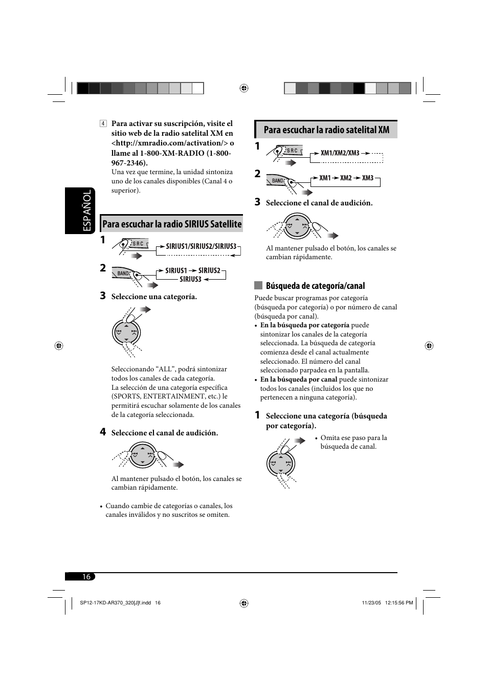 Español para escuchar la radio satelital xm, Para escuchar la radio sirius satellite | JVC KD-AR370 User Manual | Page 42 / 80