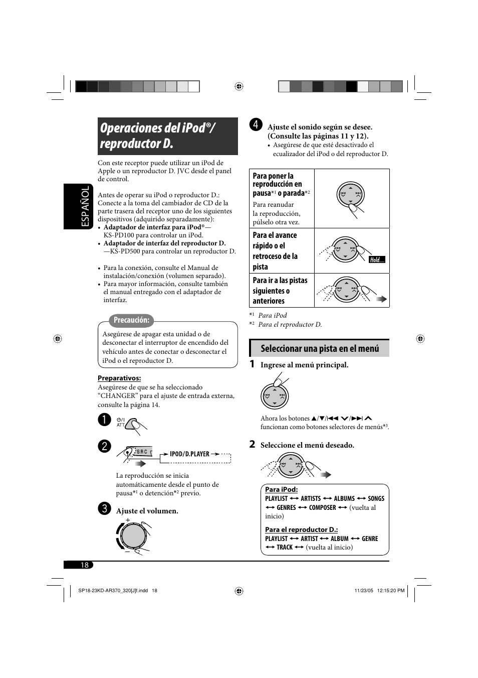 Operaciones del ipod®/ reproductor d, Español, Seleccionar una pista en el menú | JVC KD-AR370 User Manual | Page 44 / 80