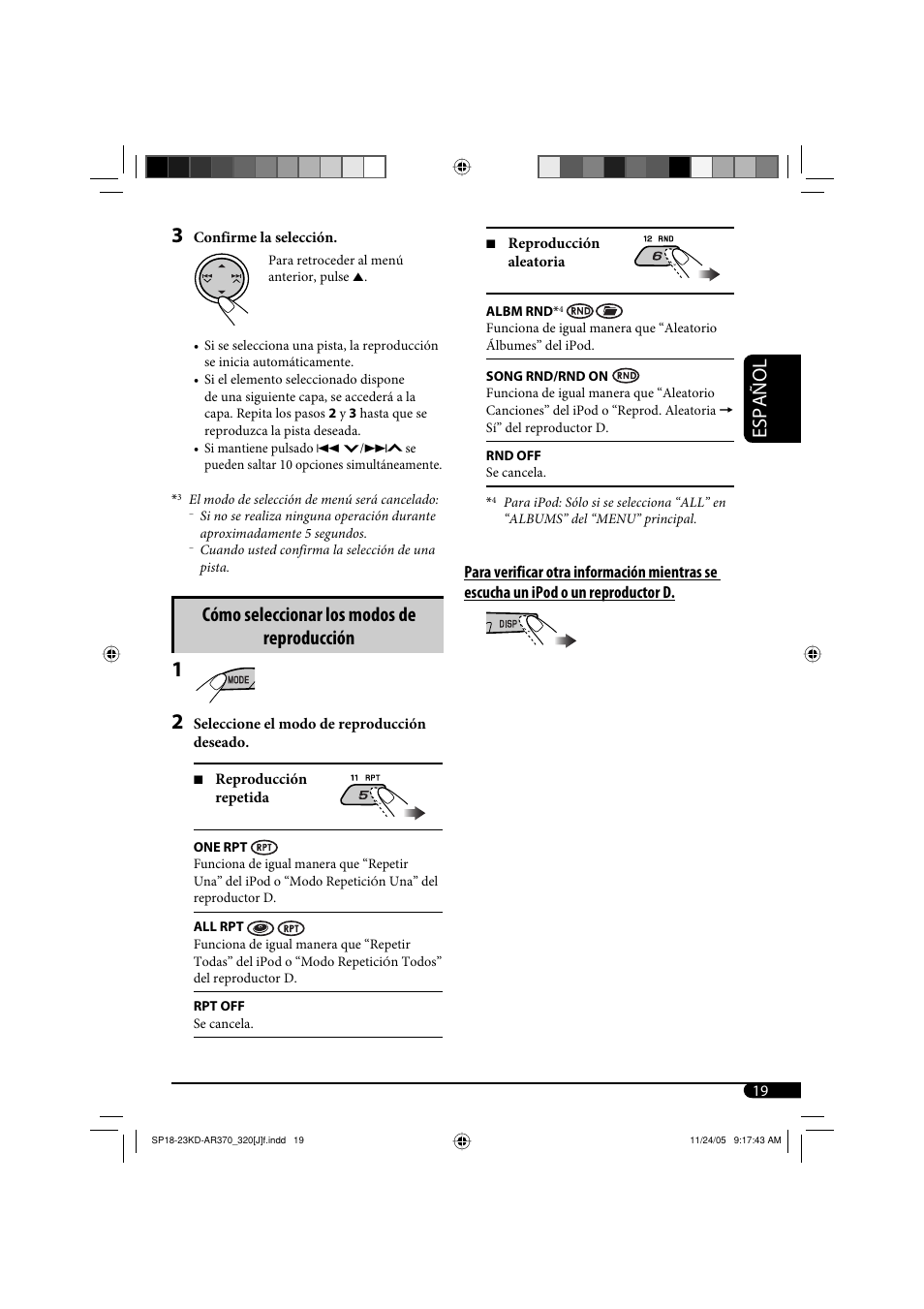 Español, Cómo seleccionar los modos de reproducción | JVC KD-AR370 User Manual | Page 45 / 80