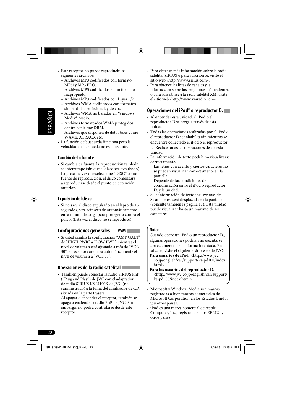 Español, Configuraciones generales — psm, Operaciones de la radio satelital | Operaciones del ipod® o reproductor d | JVC KD-AR370 User Manual | Page 48 / 80