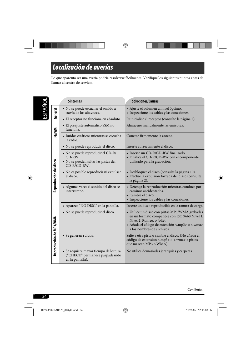 Localización de averías, Español | JVC KD-AR370 User Manual | Page 50 / 80