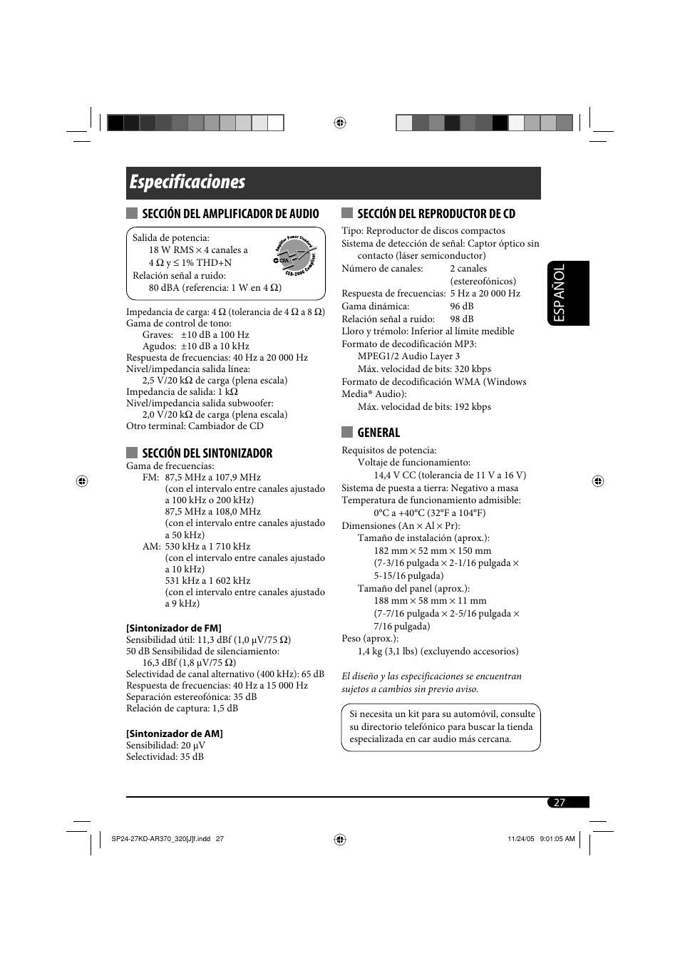 Especificaciones, Español, Sección del reproductor de cd | General, Sección del amplificador de audio, Sección del sintonizador | JVC KD-AR370 User Manual | Page 53 / 80