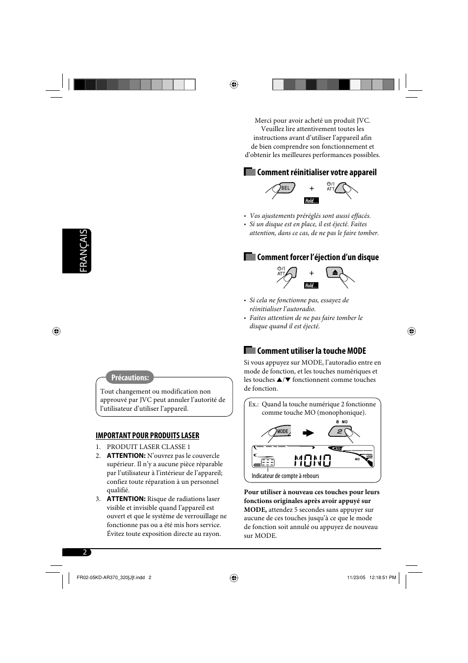 Français, Comment réinitialiser votre appareil, Comment forcer l’éjection d’un disque | Comment utiliser la touche mode | JVC KD-AR370 User Manual | Page 54 / 80