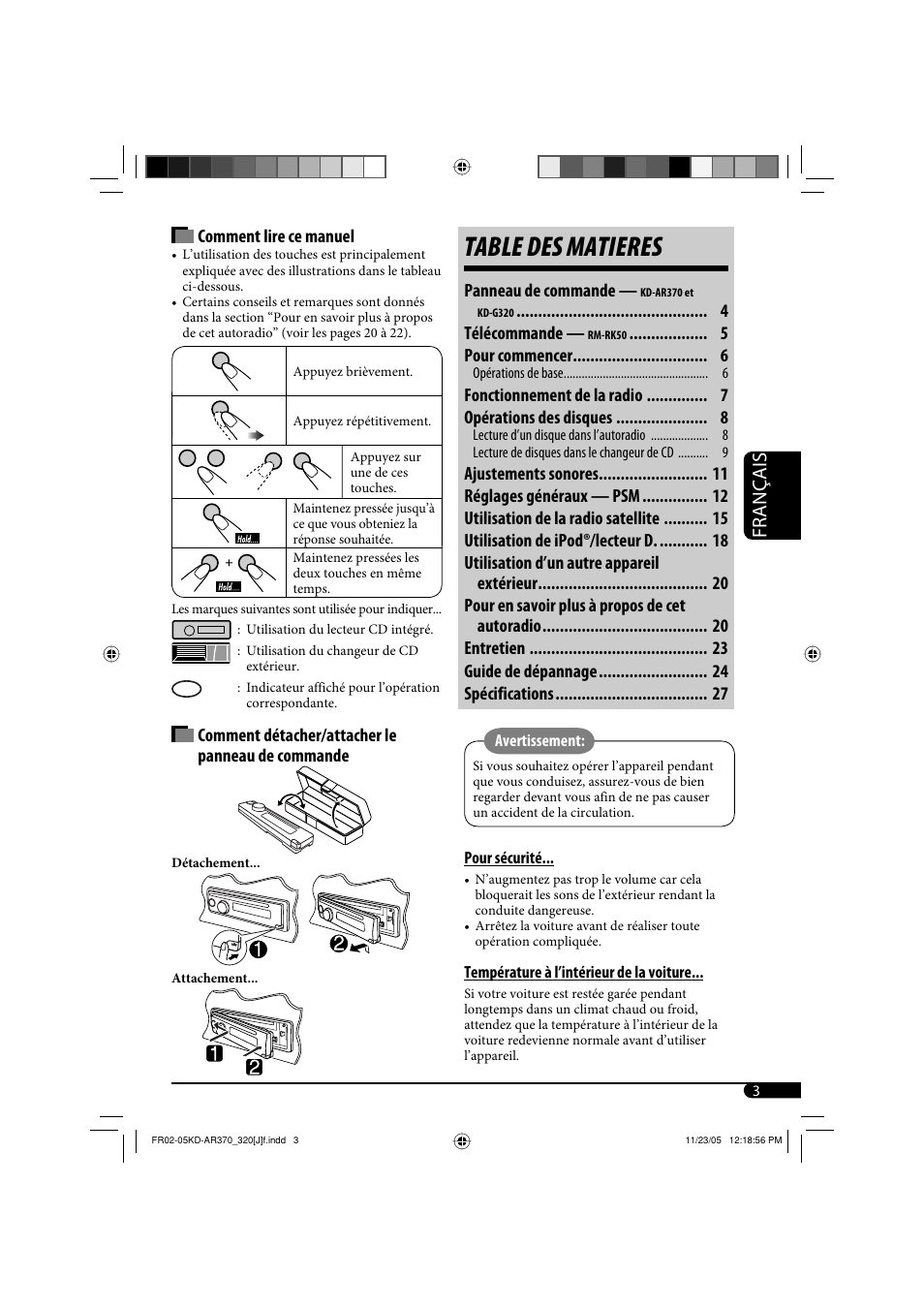 Table des matieres, Français, Comment lire ce manuel | Comment détacher/attacher le panneau de commande, Panneau de commande, Télécommande, Pour commencer, Fonctionnement de la radio opérations des disques | JVC KD-AR370 User Manual | Page 55 / 80