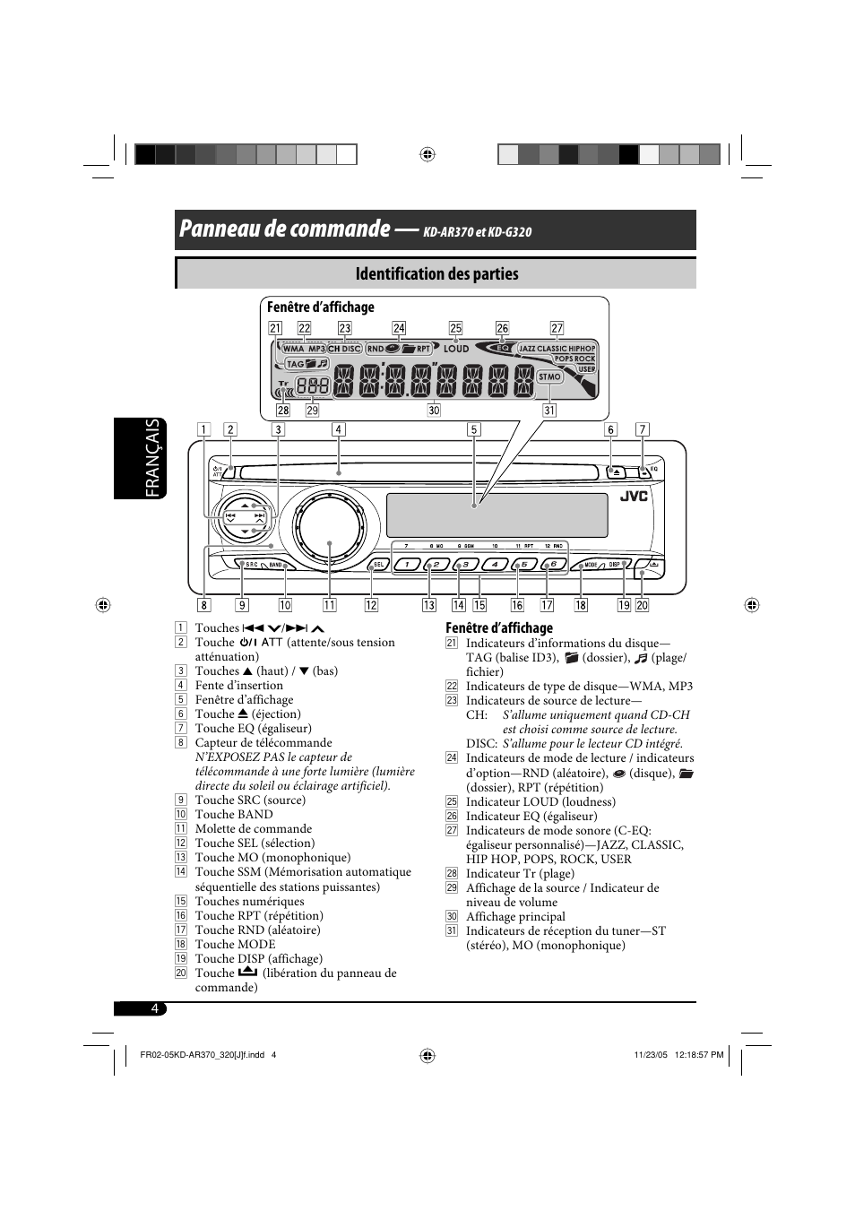 Panneau de commande, Français, Identification des parties | JVC KD-AR370 User Manual | Page 56 / 80