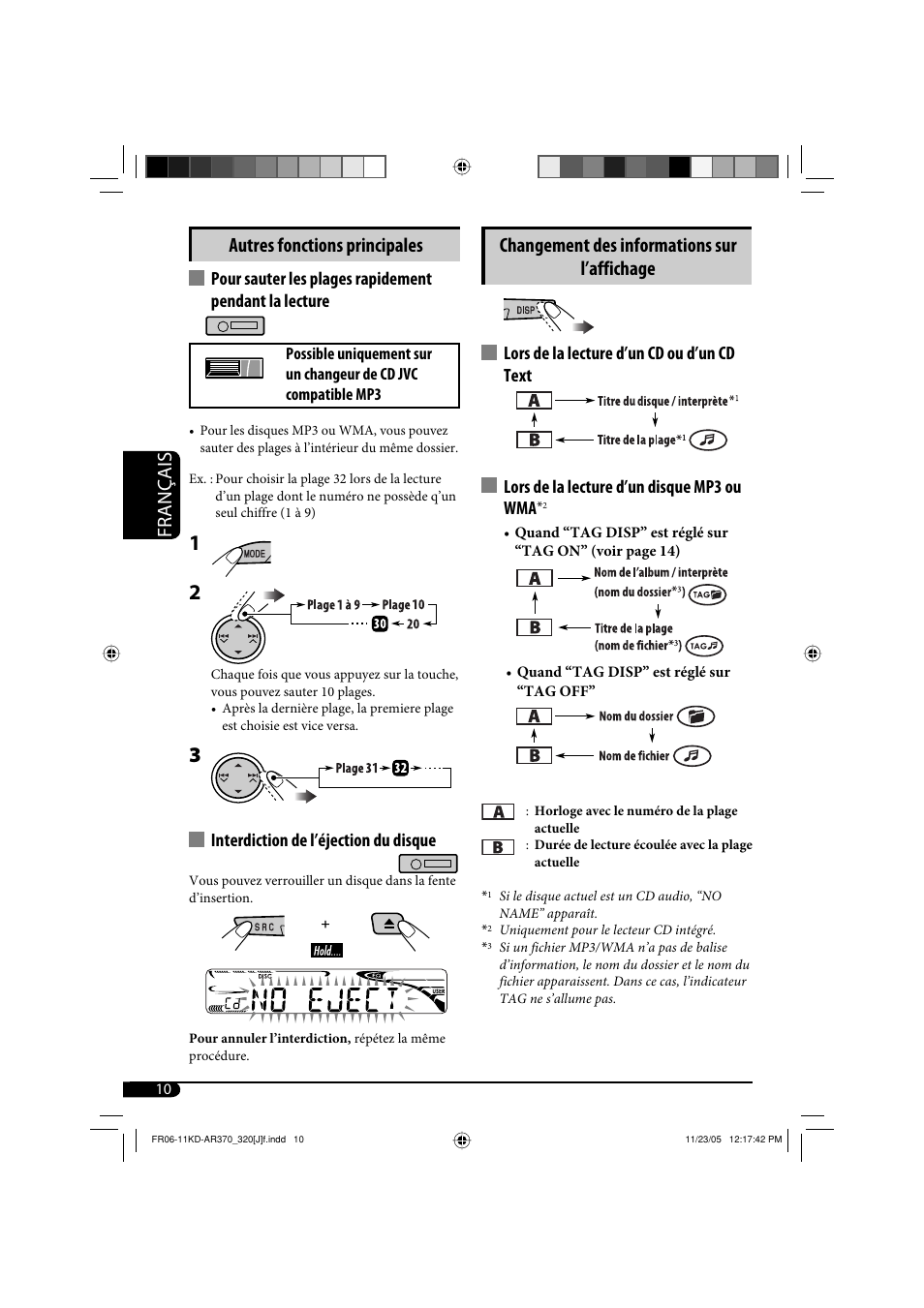 Autres fonctions principales, Interdiction de l’éjection du disque | JVC KD-AR370 User Manual | Page 62 / 80