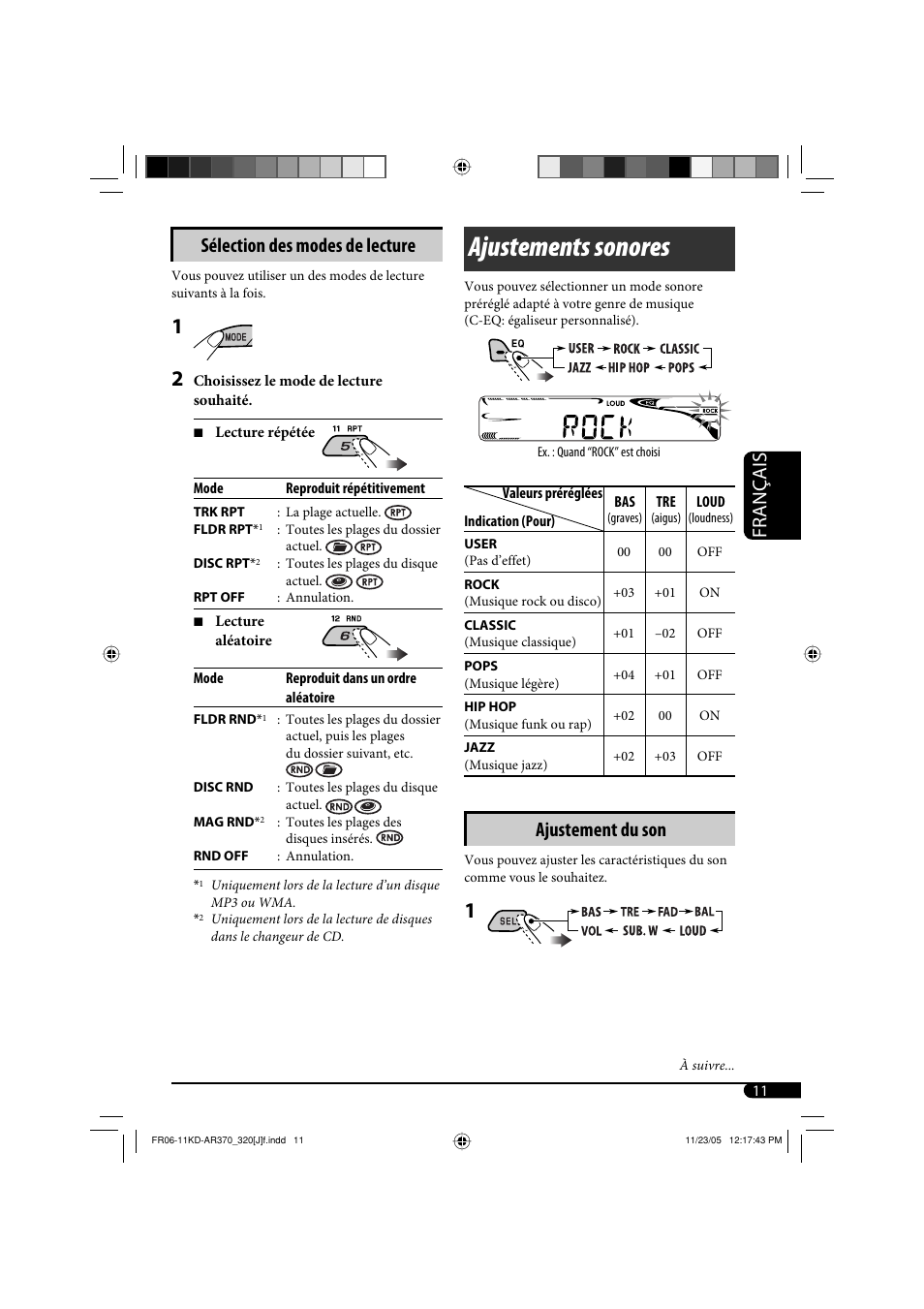 Ajustements sonores, Français, Sélection des modes de lecture | Ajustement du son | JVC KD-AR370 User Manual | Page 63 / 80