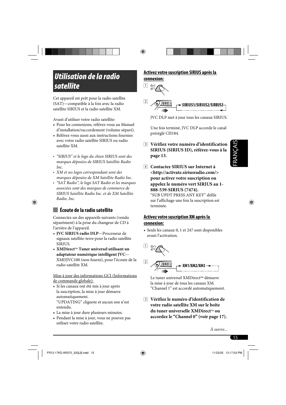 Utilisation de la radio satellite, Français, Écoute de la radio satellite | JVC KD-AR370 User Manual | Page 67 / 80