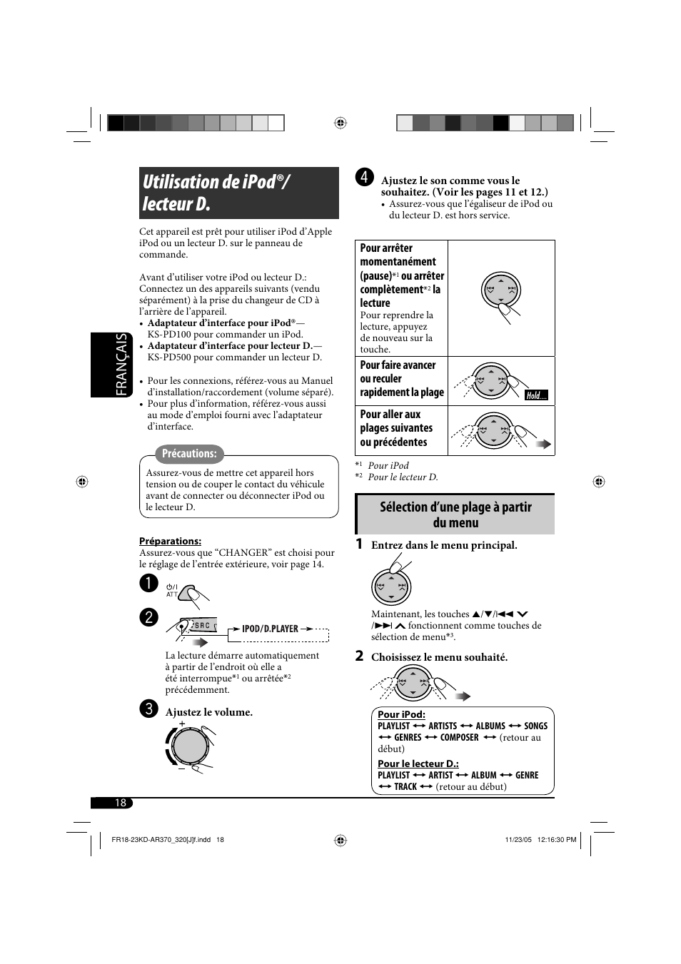 Utilisation de ipod®/ lecteur d, Français, Sélection d’une plage à partir du menu | JVC KD-AR370 User Manual | Page 70 / 80
