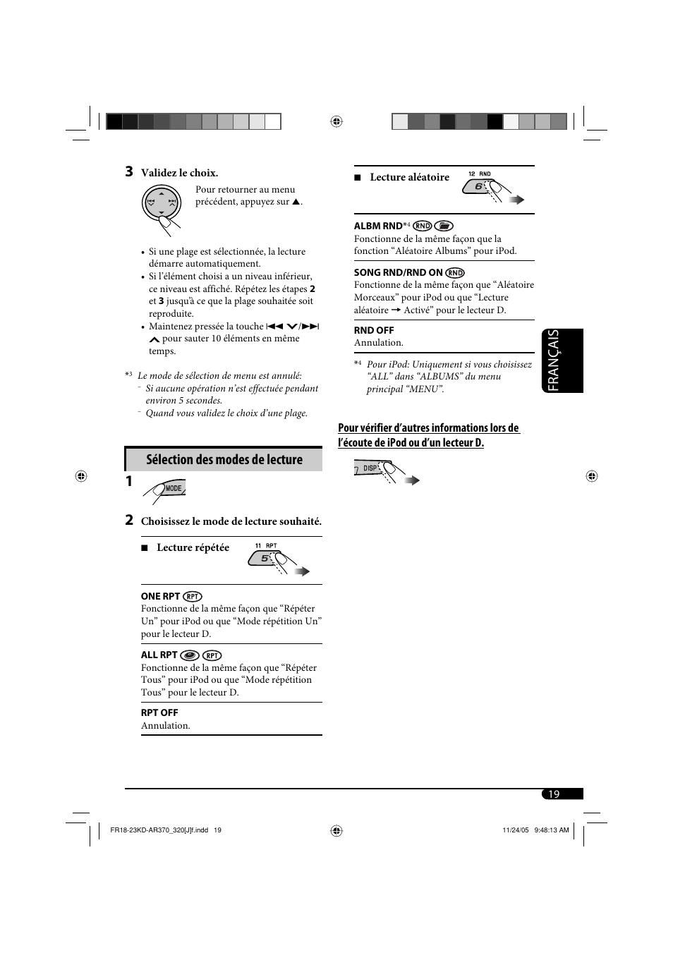 Français, Sélection des modes de lecture | JVC KD-AR370 User Manual | Page 71 / 80