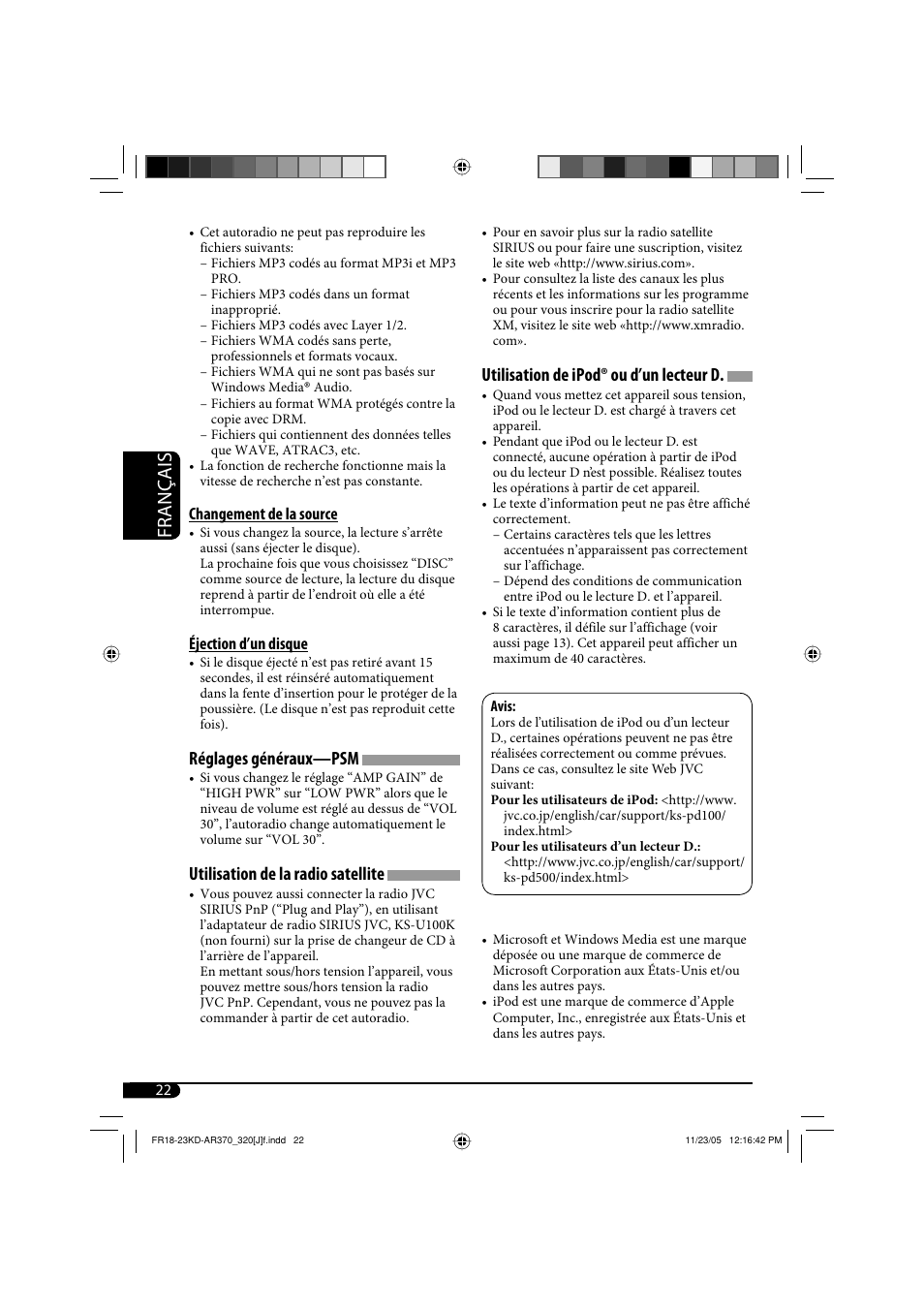 Français, Réglages généraux—psm, Utilisation de la radio satellite | Utilisation de ipod® ou d’un lecteur d | JVC KD-AR370 User Manual | Page 74 / 80