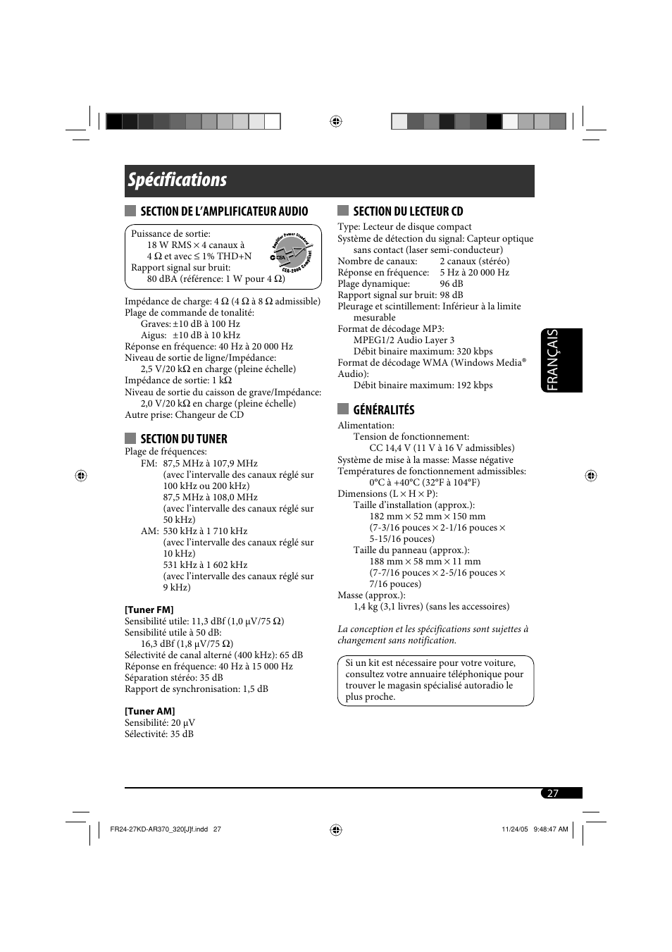 Spécifications, Français, Généralités | JVC KD-AR370 User Manual | Page 79 / 80