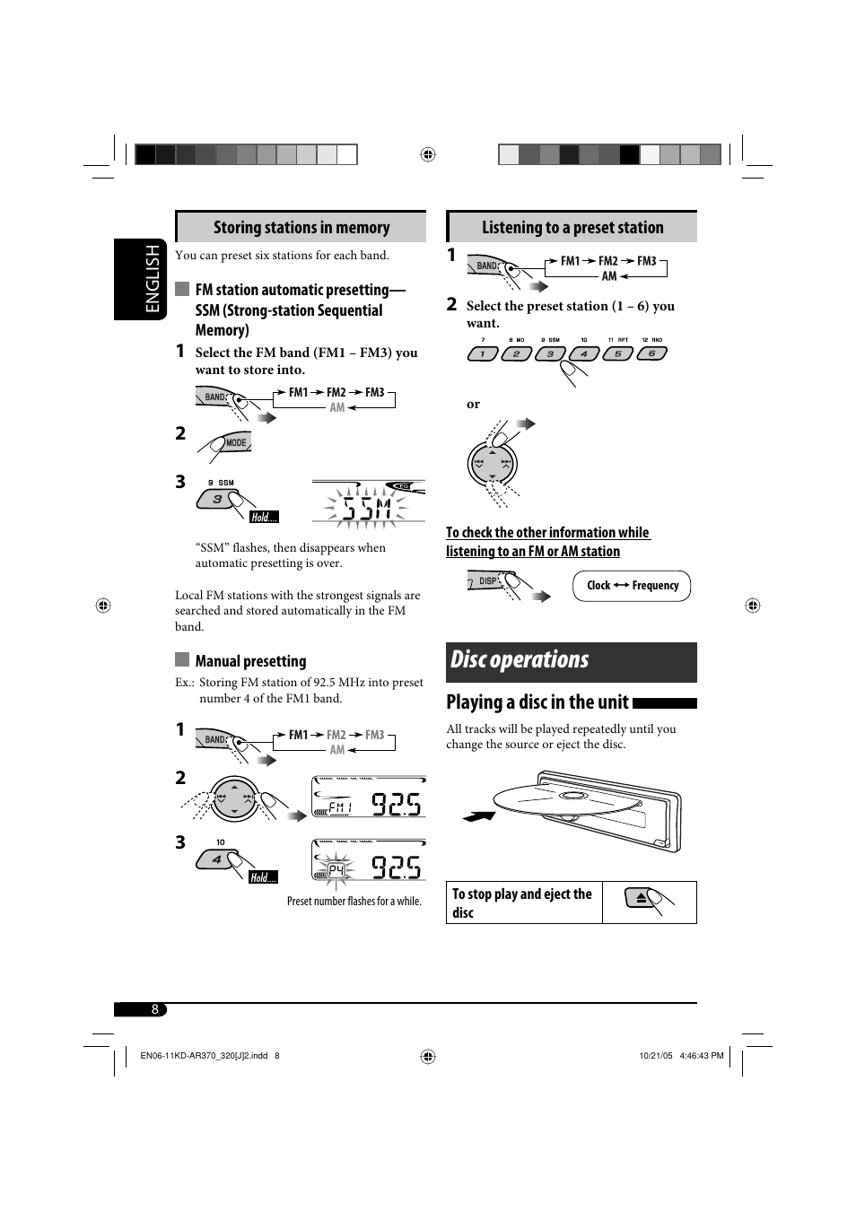 Disc operations, Playing a disc in the unit | JVC KD-AR370 User Manual | Page 8 / 80