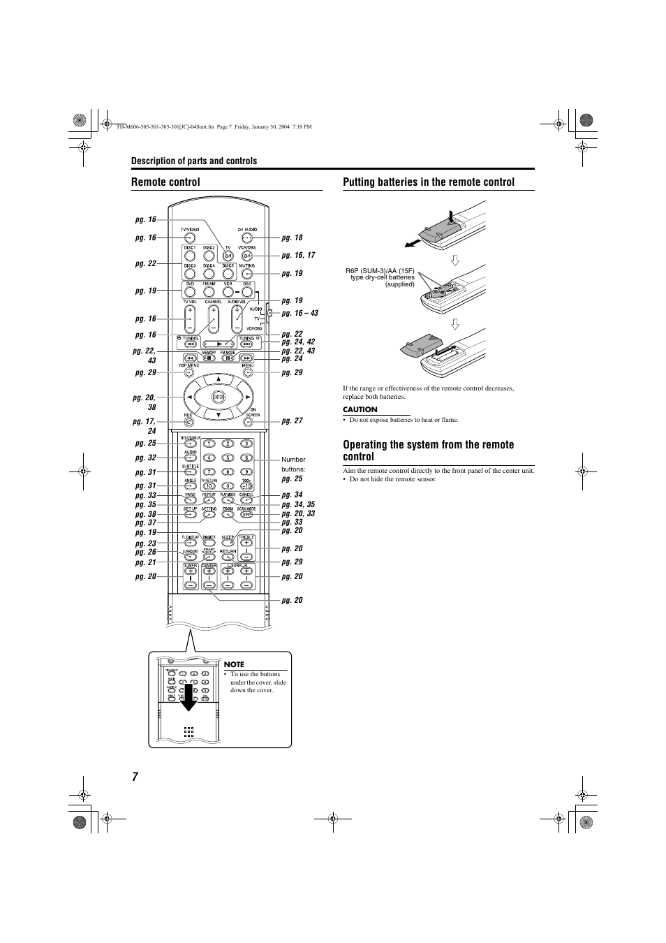 Pg. 7, Operating the system from the remote control | JVC TH-M501 User Manual | Page 10 / 52