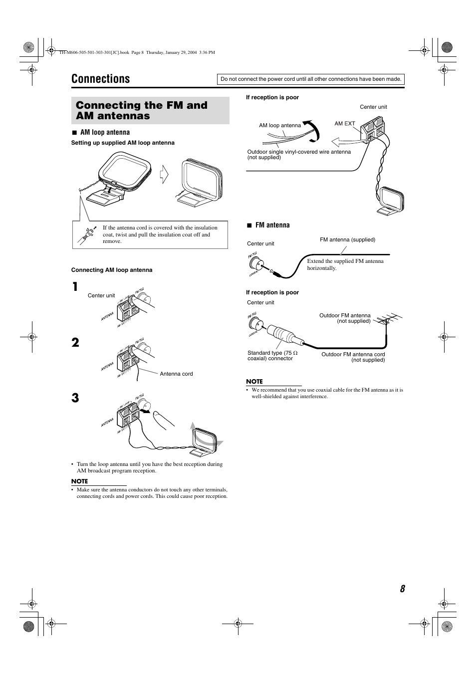 Connections, Connecting the powered subwoofer, Connecting to an analog component | Connecting to a digital component, Pg. 8, Connecting the fm and am antennas | JVC TH-M501 User Manual | Page 11 / 52