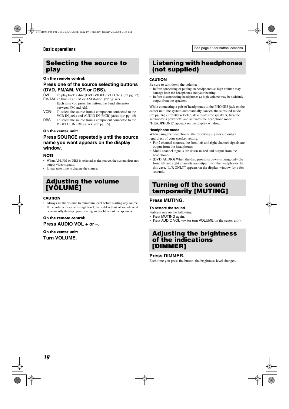 Surround speakers [subwfr, center, surr l/r, Adjusting the treble sound [treble, Pg. 19 | A pg. 19), A pg. 19), the | JVC TH-M501 User Manual | Page 22 / 52
