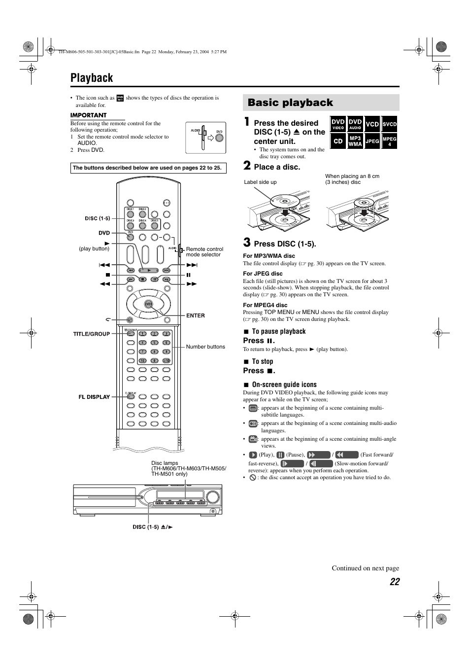 Playback, Playing back a bonus group, Advanced operations | Pg. 22, Pg. 22 pg. 22, A pg. 22), Basic playback | JVC TH-M501 User Manual | Page 25 / 52