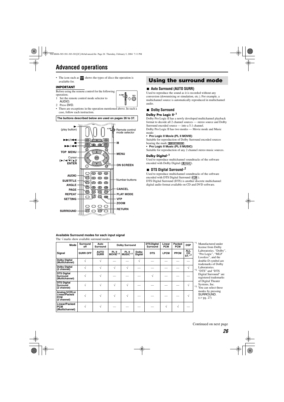 Advanced operations, Selecting a view angle, Selecting the subtitle | Selecting the audio, Pg. 26, A pg. 26), Using the surround mode | JVC TH-M501 User Manual | Page 29 / 52