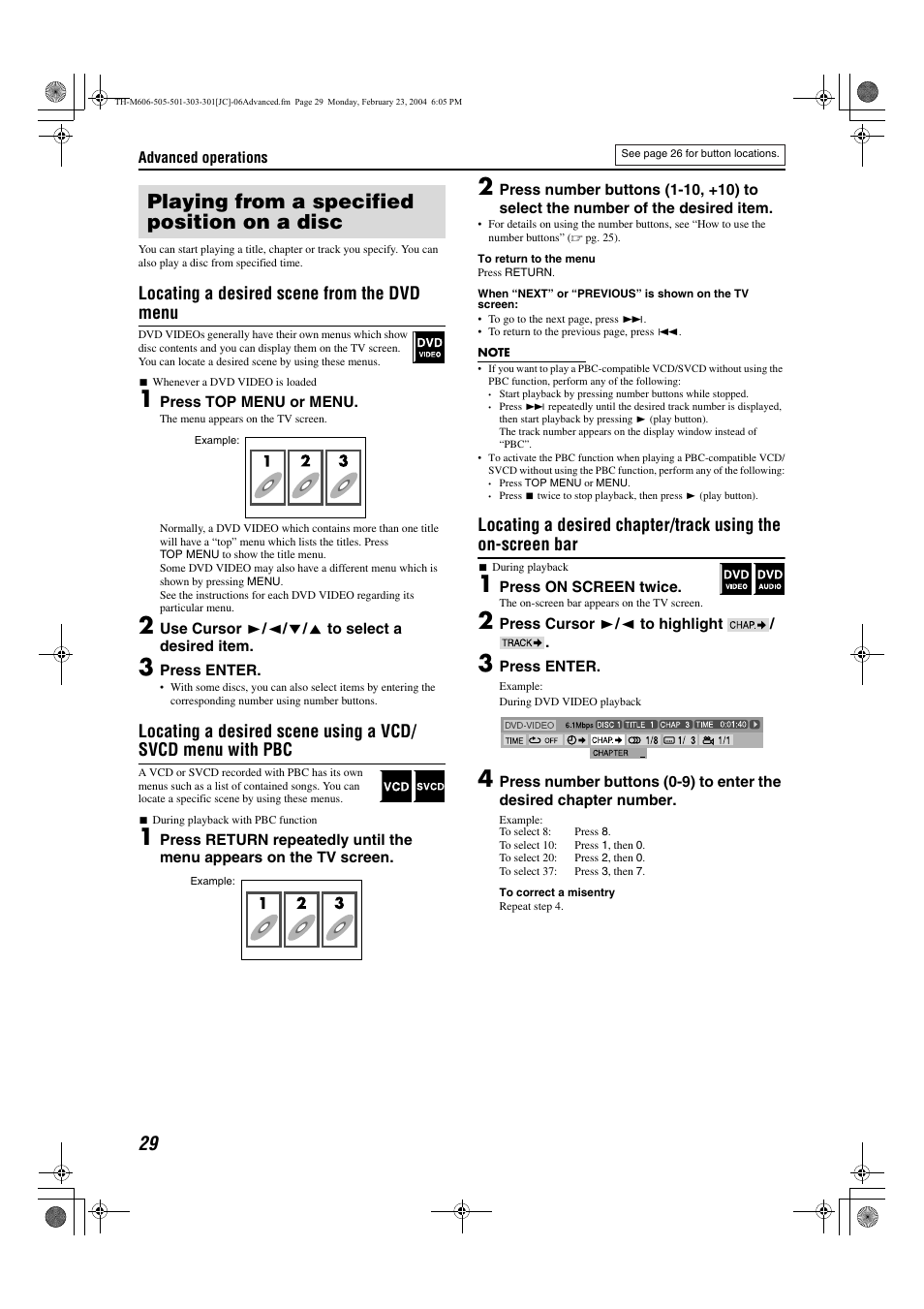Program playback, Chapter (for dvd video) or track (for d, Playing from a specified position on a disc | Locating a desired scene from the dvd menu | JVC TH-M501 User Manual | Page 32 / 52
