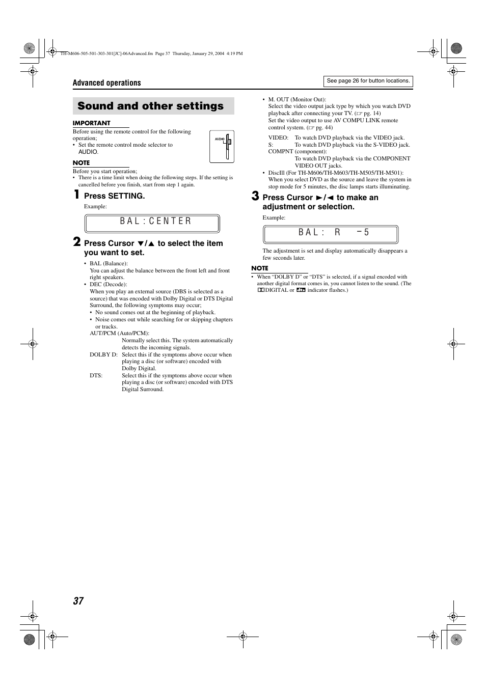 Manual tuning, Sound and other settings | JVC TH-M501 User Manual | Page 40 / 52