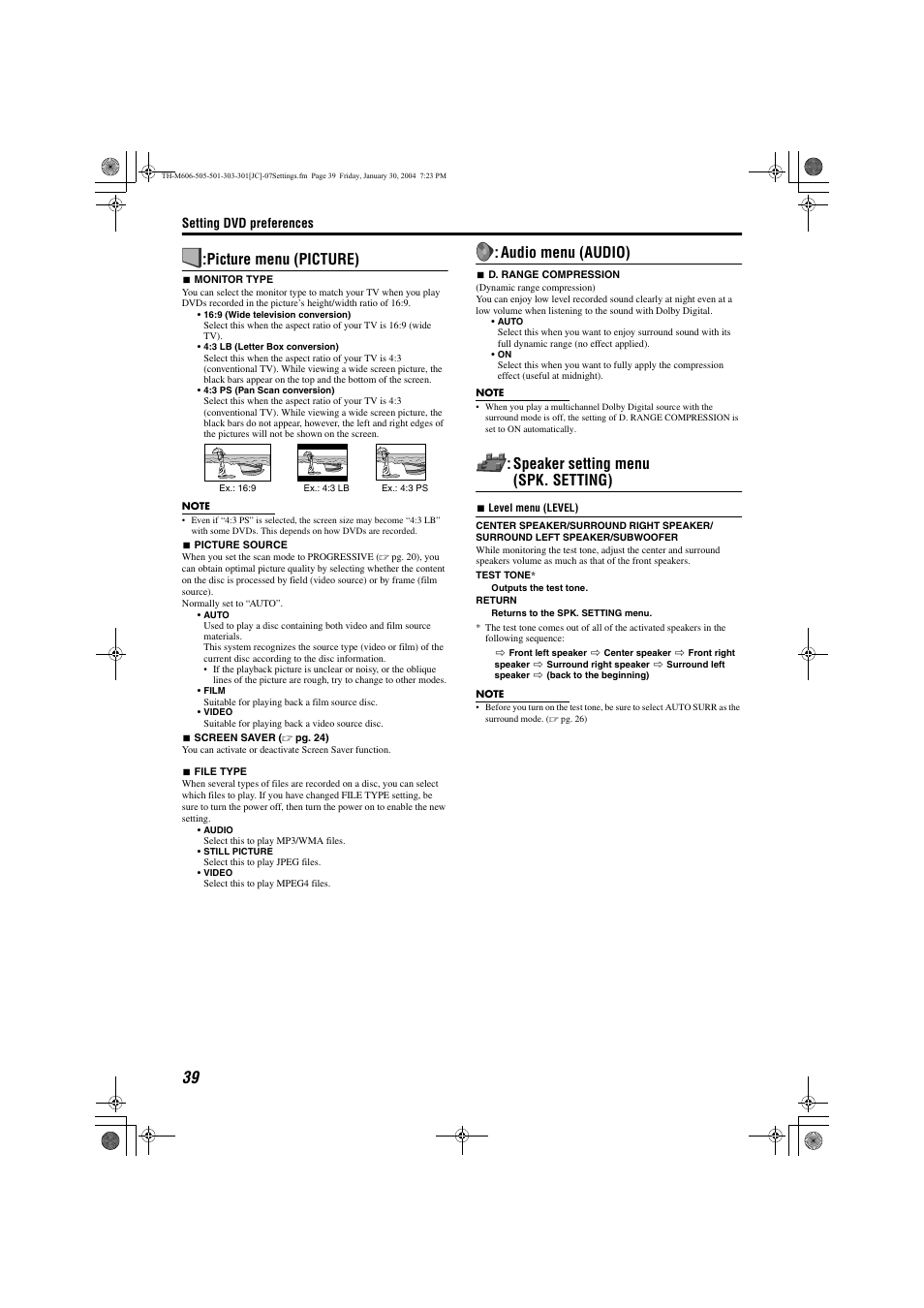 A pg. 39), Udio, Picture menu (picture) | Audio menu (audio), Speaker setting menu (spk. setting) | JVC TH-M501 User Manual | Page 42 / 52